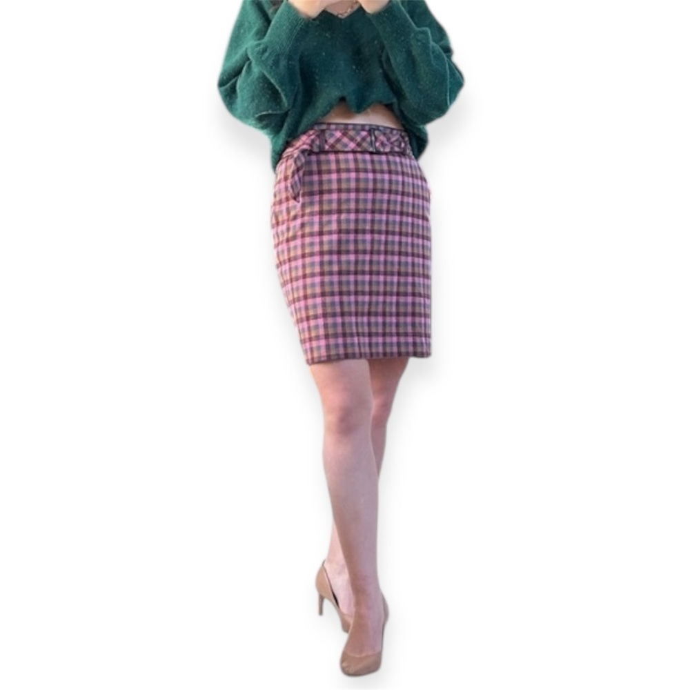 Ann Taylor Checkered Plaid Belted Mini Skirt